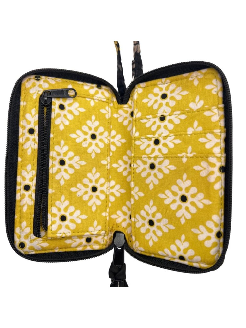 Vera Bradley Black Yellow Floral Print Wristlet Wallet ID Window Slots Zippered - Picture 4 of 6